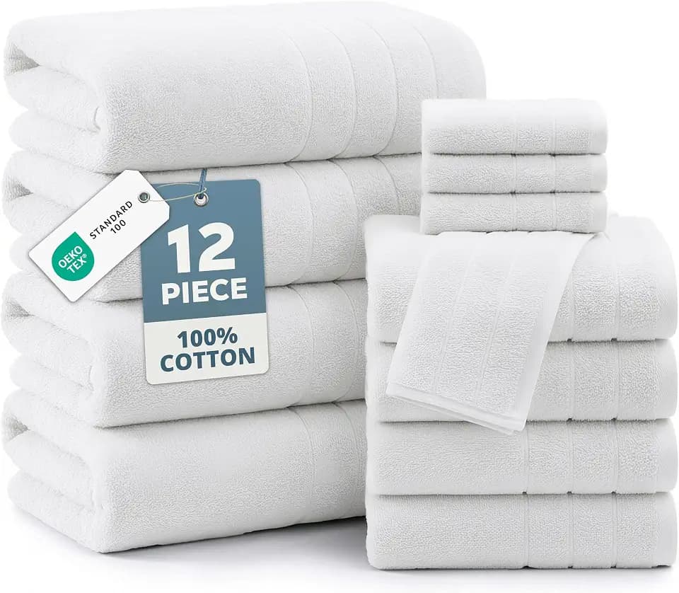 Casa Platino Bath Towel Set 100% Cotton 12 Piece Soft Absorbent - White