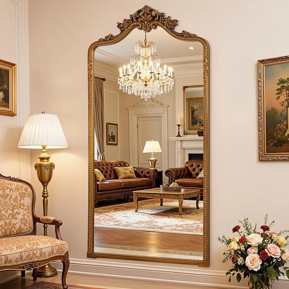 Antok 81"x41" Retro Full Length Mirror, Ornate Carved Floor Body Mirror