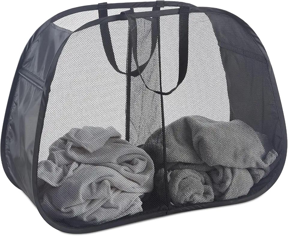 Seiritex Mesh Popup Laundry Hamper 2 Compartment, Collapsible Laundry Sorter Basket Foldable Hamper for Clothes, College Dorm, Travel (Black)