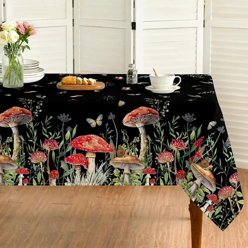 Horaldaily Mushroom Black Tablecloth, 60x140 Inch Rectangular