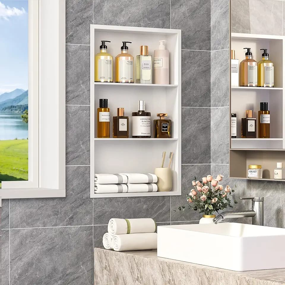 14x24 Recessed Medicine Cabinet, Bathroom Wall Cabinet, 304 Stainless Steel Recessed Wall Niche with 3-Tiers Shelves, Matte White