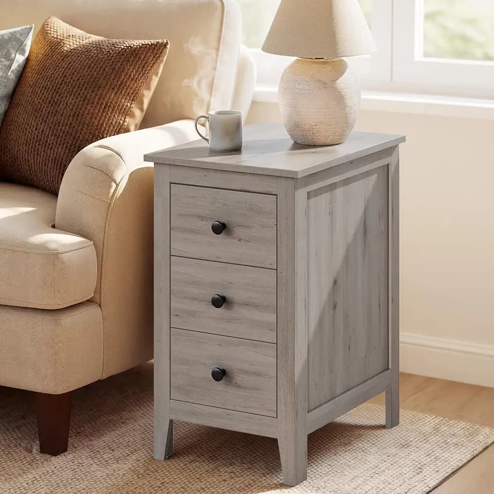 VASAGLE Side End Table with 3 Storage Drawers, Nightstand Farmhouse