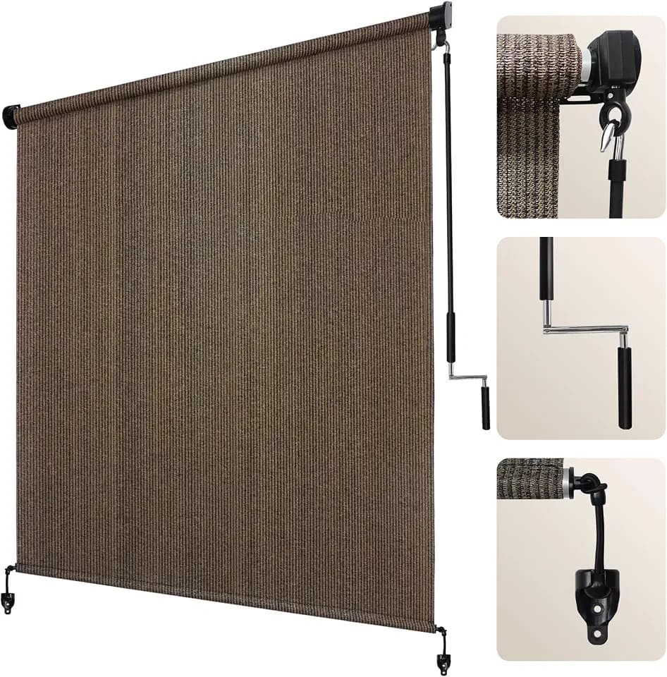 Artpuch Outdoor Roller Shade 11' W x 8' H, Mocha Exterior Cordless Patio Shades Roll Up Blinds with Spliced Pole Design, One-Piece Fabric