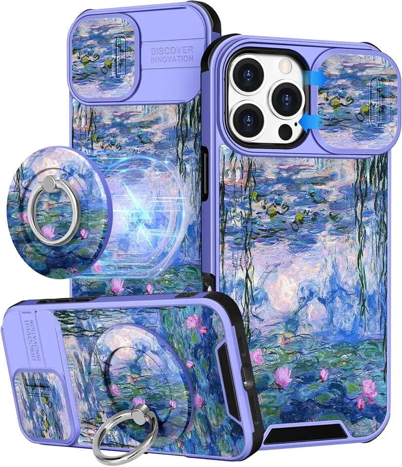 Buleens for iPhone 16 Pro Max Case 6.9 Inch - with Ring Stand & Camera Cover Aesthetic Cute Designed Women Girls Girly Kawaii Blue Water Lily Phone Case for iPhone 16 Pro Max Compatible with Magsafe
