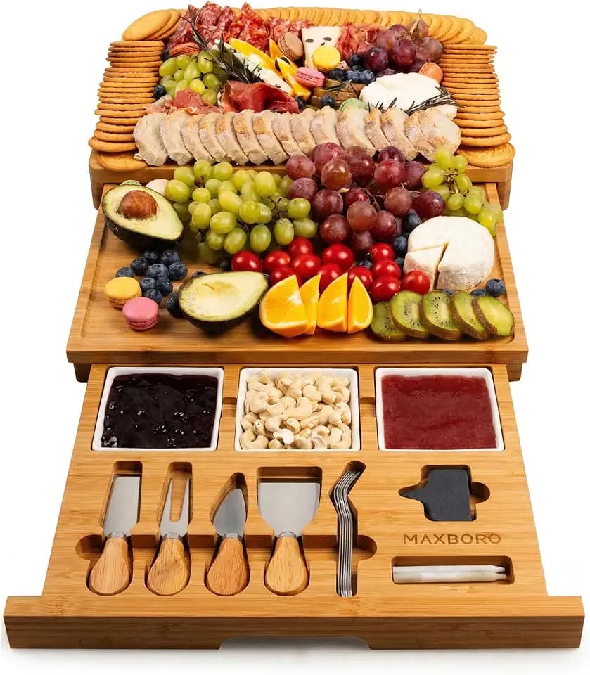 Extra Large Bamboo Charcuterie Board, 3-Layer Pull-Out Trays, Brown