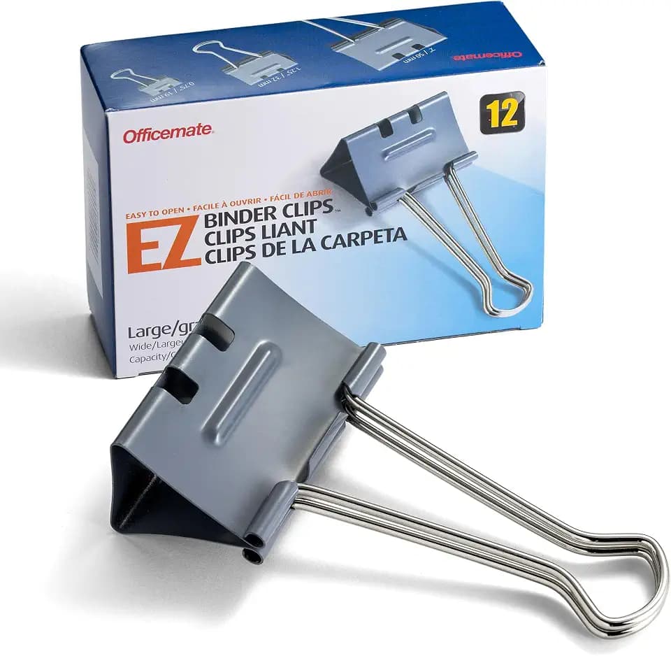 Officemate EZ Large Size Binder Clips 12-Count - Gray, Paper Clamps for Document Organization, Essential Office Supplies, Classroom and School Supplies