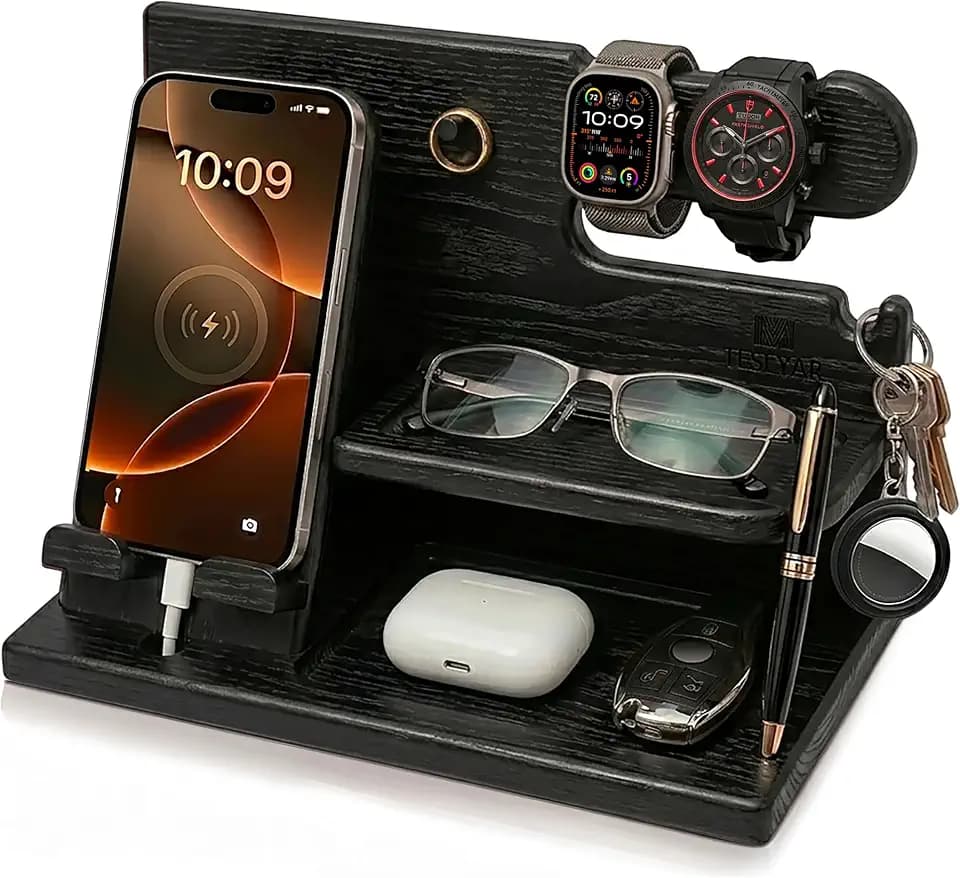 TESLYAR Wood Phone Docking Station for Men - Desk or Nightstand Organizer - Birthday Gifts for Husband, Dad - Anniversary Idea from Wife - Key Holder, Stand Wallet, Watch & Essentials (Granite Black)