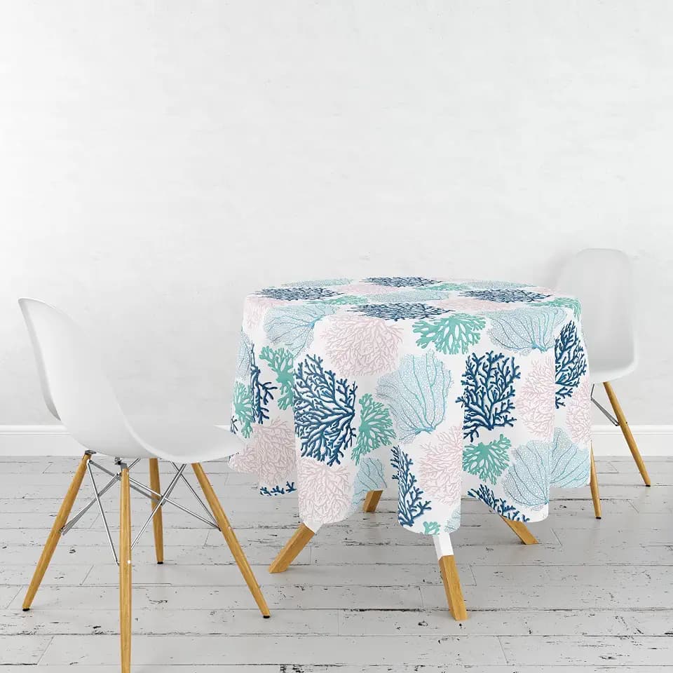 Ocean Tablecloth Coastal Nautical Round Tablecloth Coral Print Ocean Themed Beach Decorative Waterproof Table Covers for Outdoor Dining Room Kitchen Living Room, 60x60 Inches, Navy/Blue/Teal/