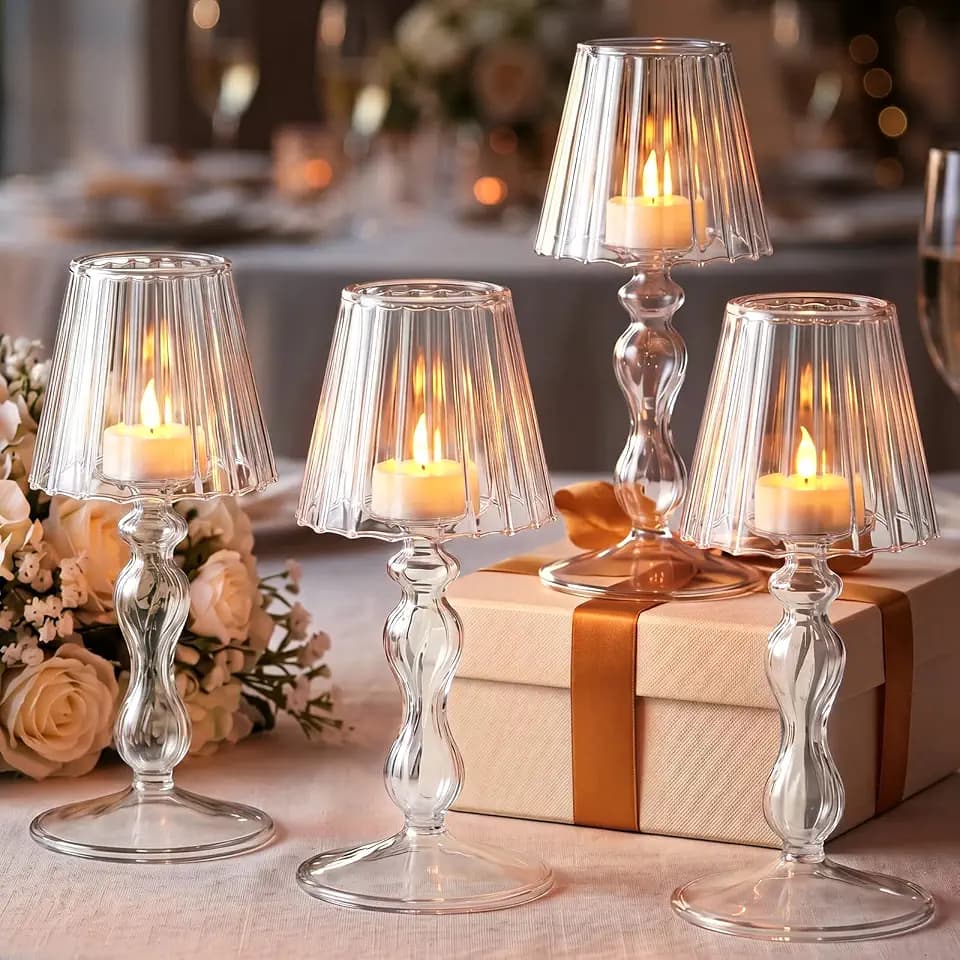 Mumufy 4 Pcs Glass LED Tealight Candle Holders, Desk Lamp Shaped, Clear