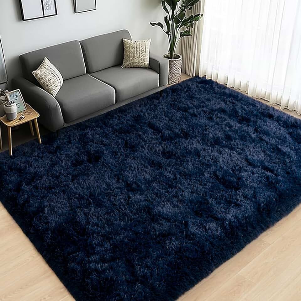 Large Area Rugs for Living Room Bedroom 5x7 Navy Blue Shag Rugs