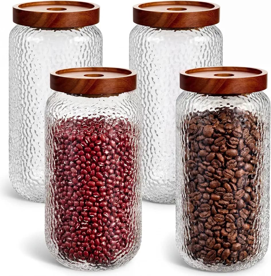 LemonRoad 4 Pack 33 oz Vintage Glass Jars with Lid Decorative Airtight Glass Food Containers Anti Slip Storage Canister for Kitchen Counter Pantry Coffee Nuts Sugar Candy Tea Cookie Spices Oats Cereal