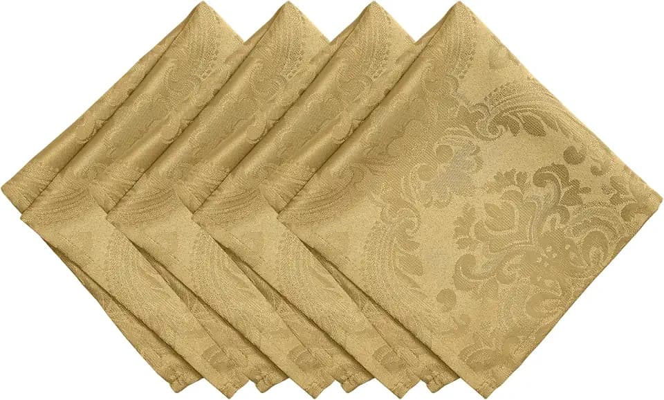 Elrene Home Fashions Caiden Elegance Damask Fabric Napkins (Set of 4), 17" x 17", Gold