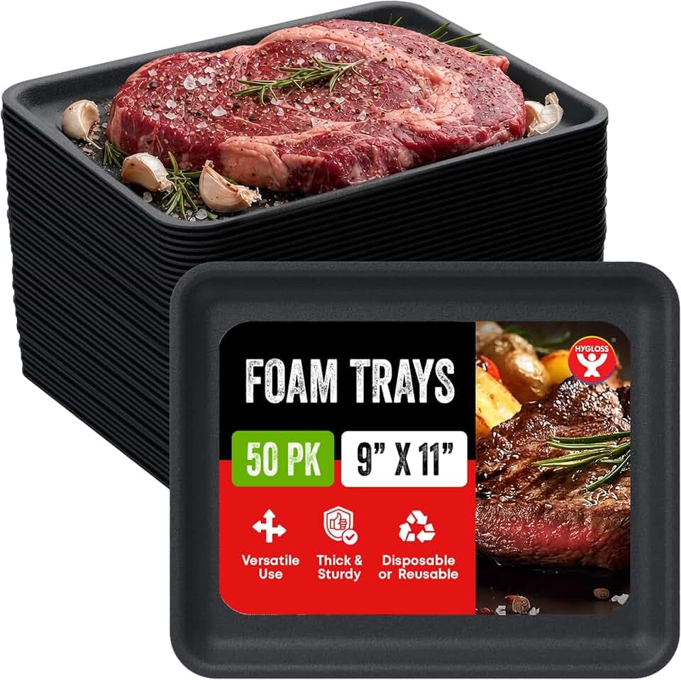 Hygloss Black Foam Trays for Food & Crafts, 9 x 11 Inch, Pack of 50