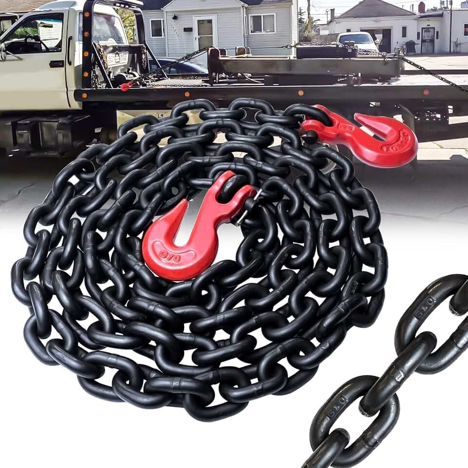 G80 Transport Binder Chain 3/8 Inch x 10 Foot | Tow Chain with Clevis Grab Hooks | 7,100 lbs Safe Working Load | Heavy Duty Chain for Transporting Towing (3/8'' x 10FT (Black))