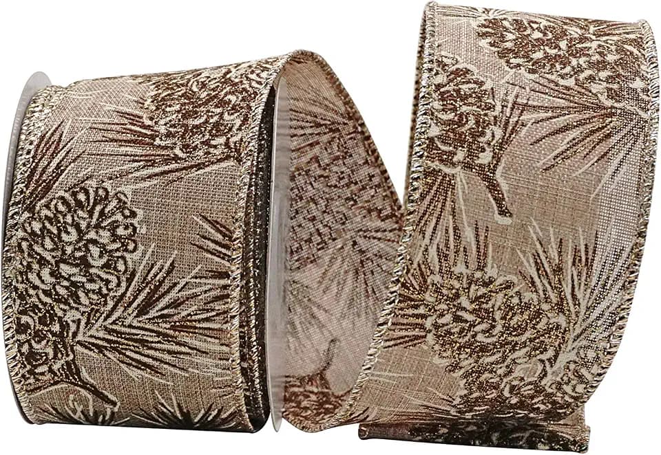 Reliant Ribbon Pinecone Glitter Outlines Linen Wired Edge Ribbon, 2-1/2 Inch X 10 Yards, Natural