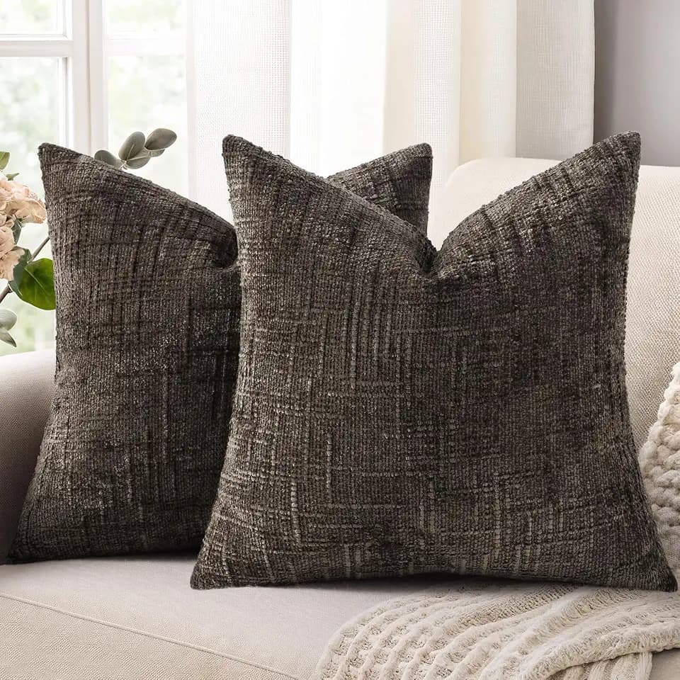 decorUhome Textured Chenille Throw Pillow Covers 24x24 Set of 2 Dark Brown