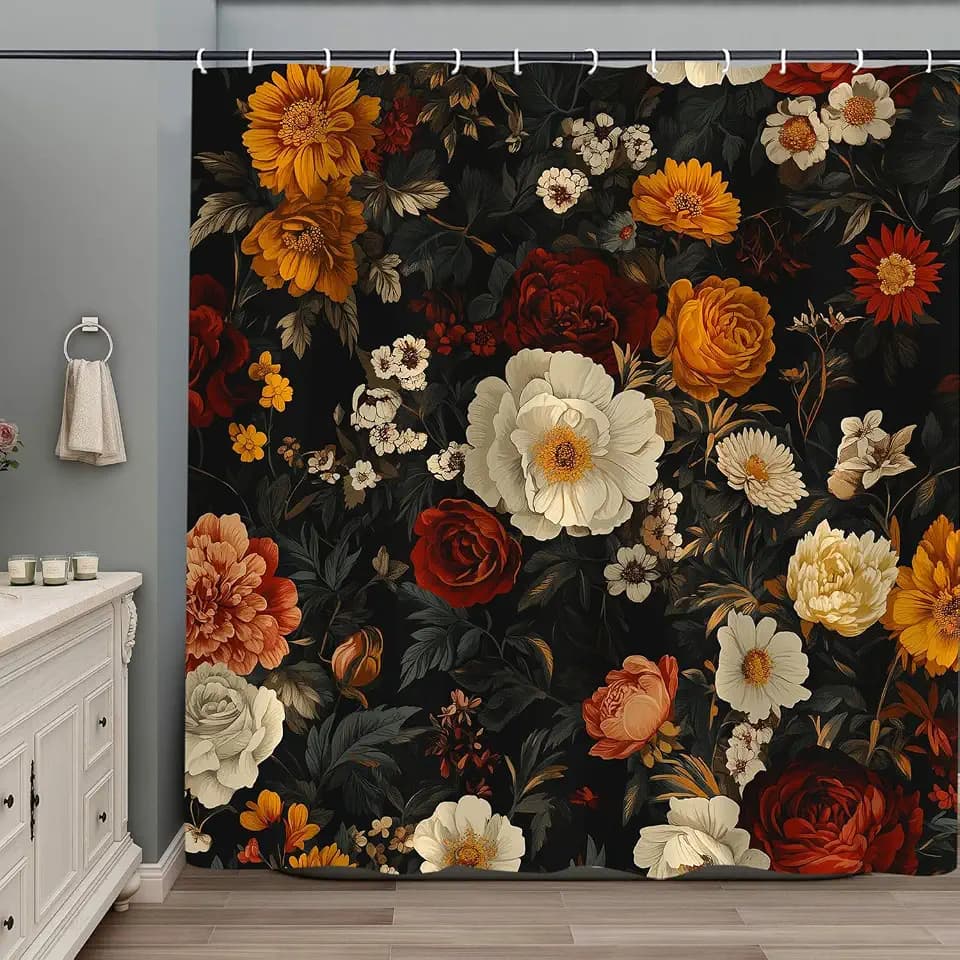 Floral Shower Curtain, Boho Vintage Dark Flower Bloosom Rose Plants Bathroom Curtain, Polyester Fabric Waterproof Bathroom Set with 12 Hooks 72x78 Inch, Black