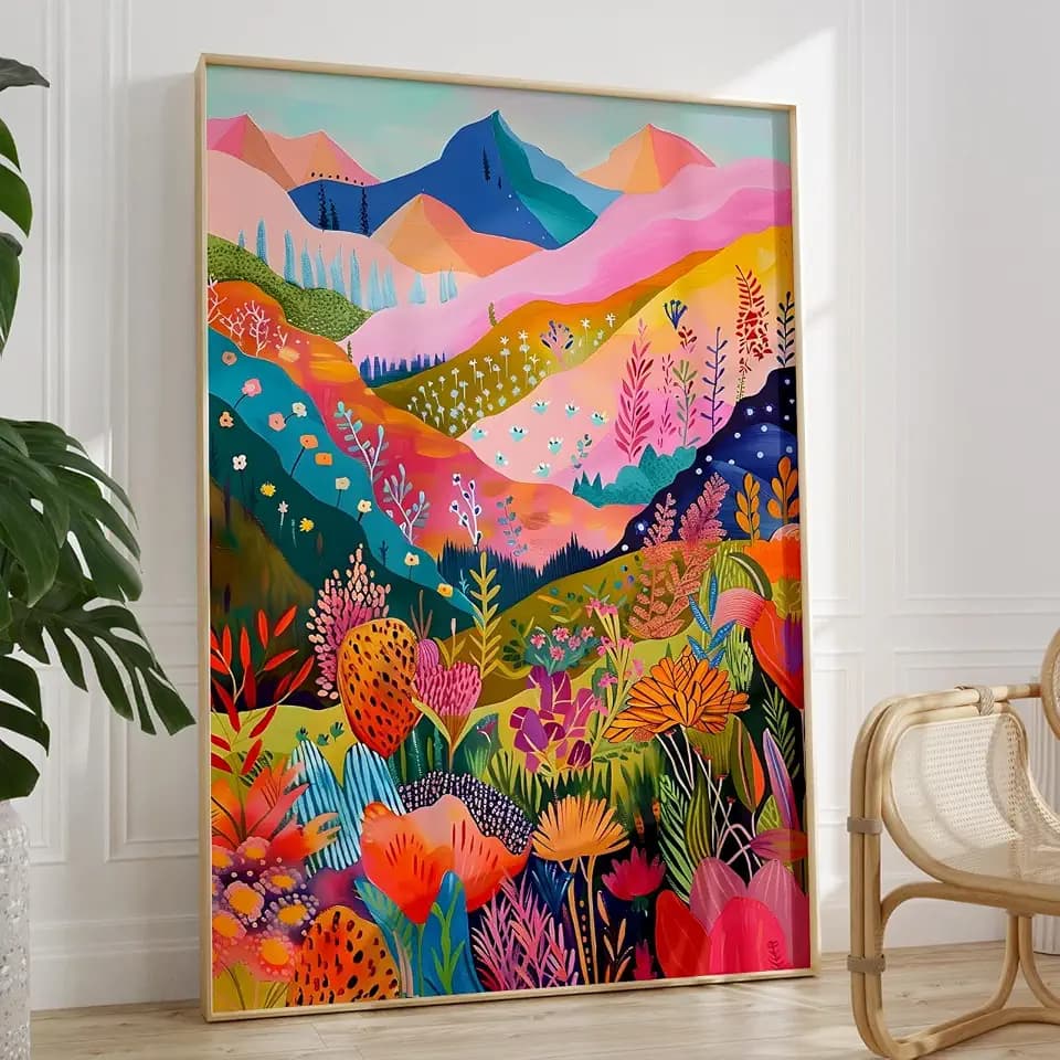 Colorful Mountain Wall Art Abstract Mountain Canvas Colorful Flower Floral Print Abstract Landscape Poster Funky Preppy Colorful Trendy Art Mountain Flower Wall Art for Bedroom 16x24inch No Frame