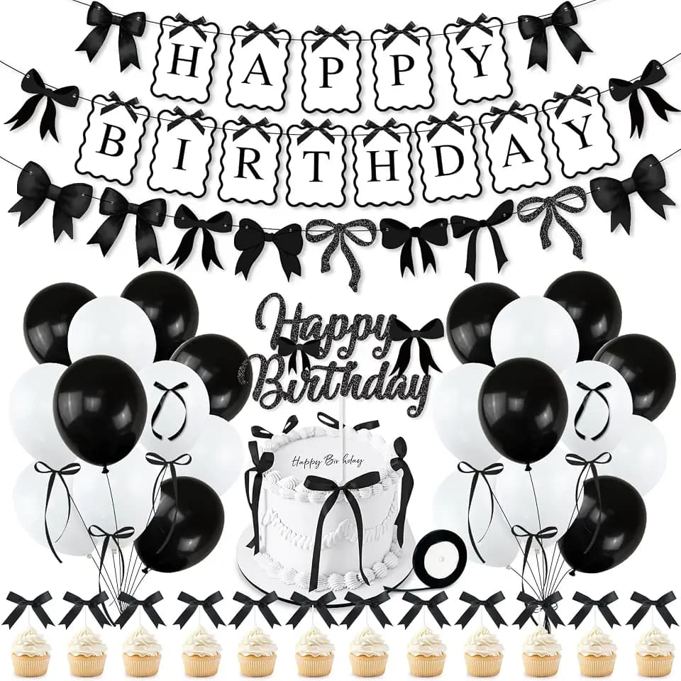 Black Bow Birthday Party Decorations, Banner Cake Toppers Balloons Set