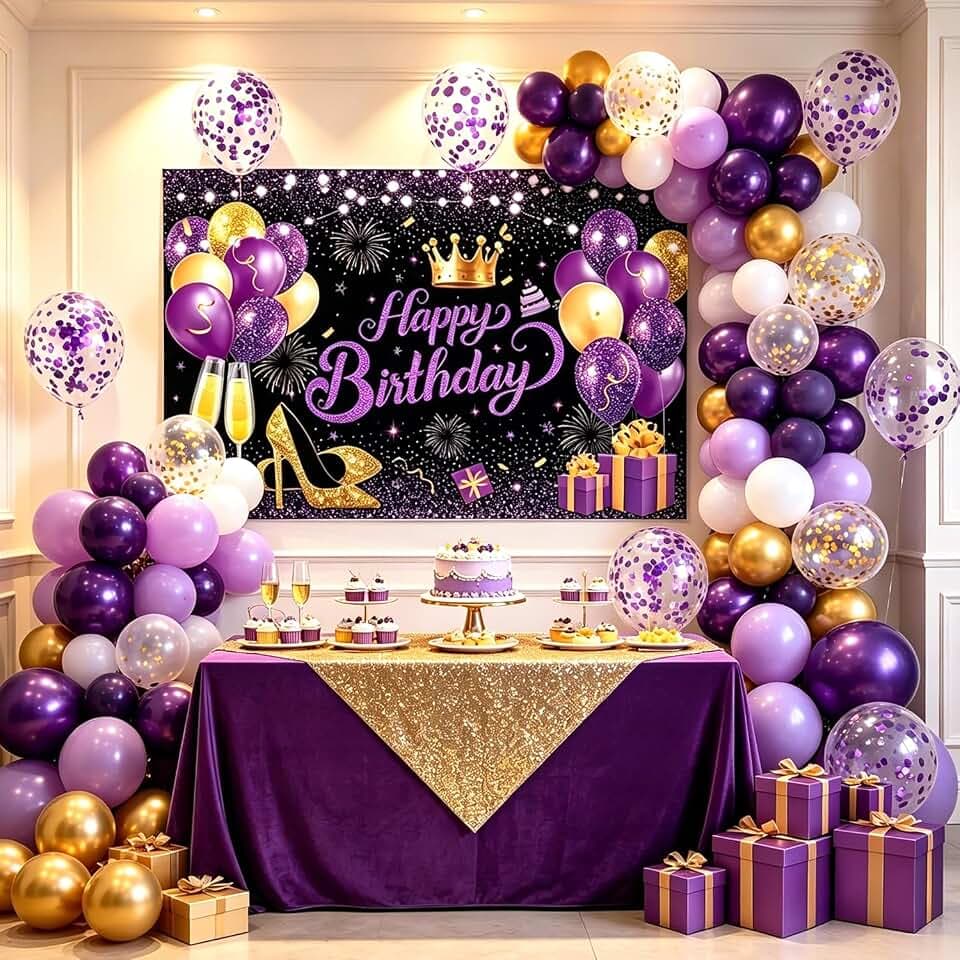 63 PCS Purple Gold Birthday Party Balloons Decoration for Girl Women