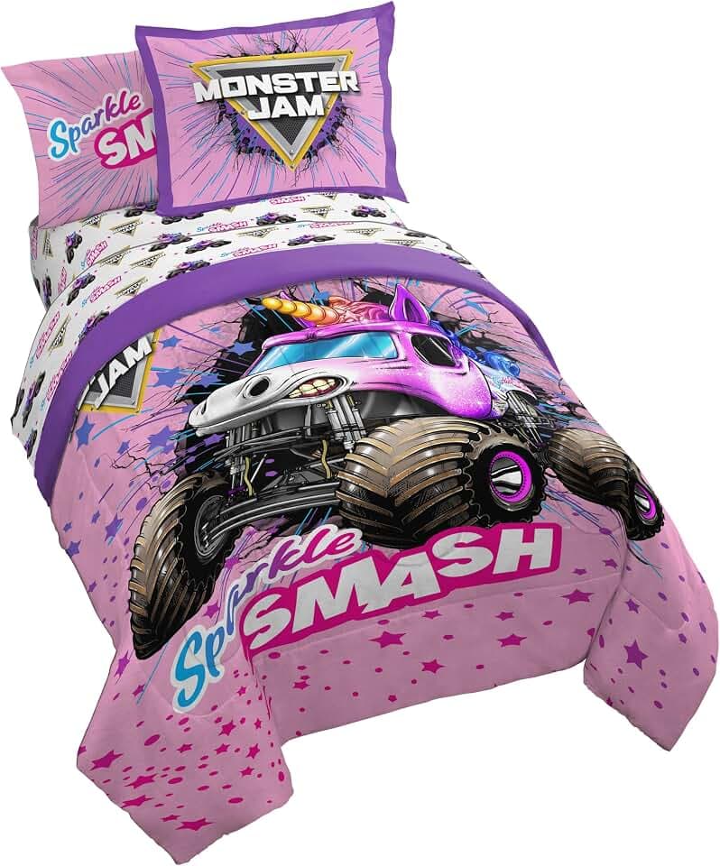 Monster Jam Full Comforter Set 7 Piece Kids Bedding for Girls, Pink