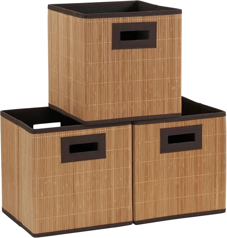Household Essentials Storage Cube in Handwoven Bamboo Reeds with Woodgrain Texture, Natural Finish, Set of 3
