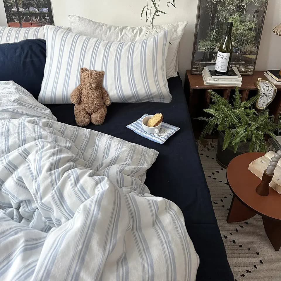 mixinni Vintage Light Blue & White Striped Comforter Set Twin XL Size - Soft Washed Cotton 3-Piece Bedding Set (1 Comforter + 2 Pillowcases), Retro Geometric Pattern, All-Season Breathable & Fluffy