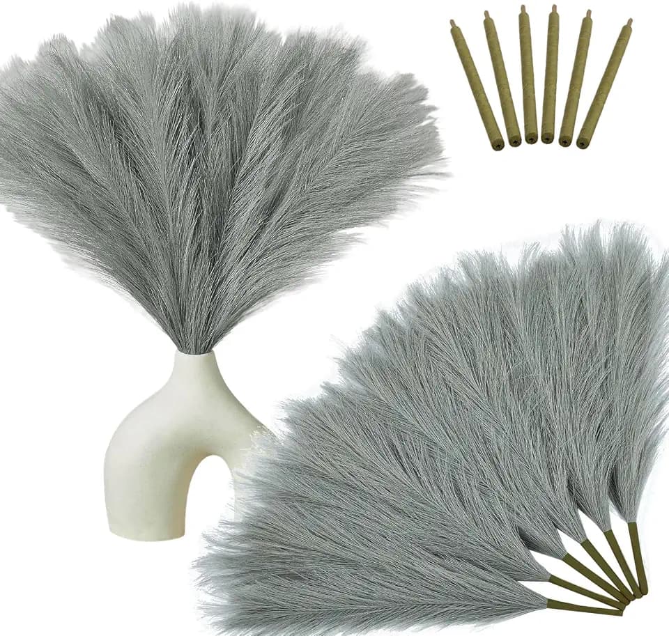 Vijiv Eco-Friendly Grey Artificial Pampas Grass Bundle (6 Stems 24") - Luxury Boho Chic Wedding Centerpieces Decor, Realistic Fluffy Texture for Dark Aesthetic Decor - Photoshoot/Gothic Home Styling