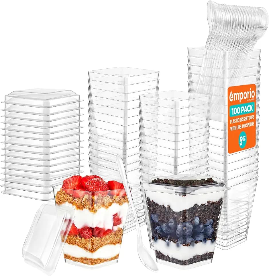 Emporio Kitchen 5oz Plastic Dessert Cups with Lids and Spoons - Appetizer Cups for Pudding, Parfait, Ice Cream, and Cocktails, BPA-Free, Clear Reusable Serving Cups, Elegant Design, Pack of 100