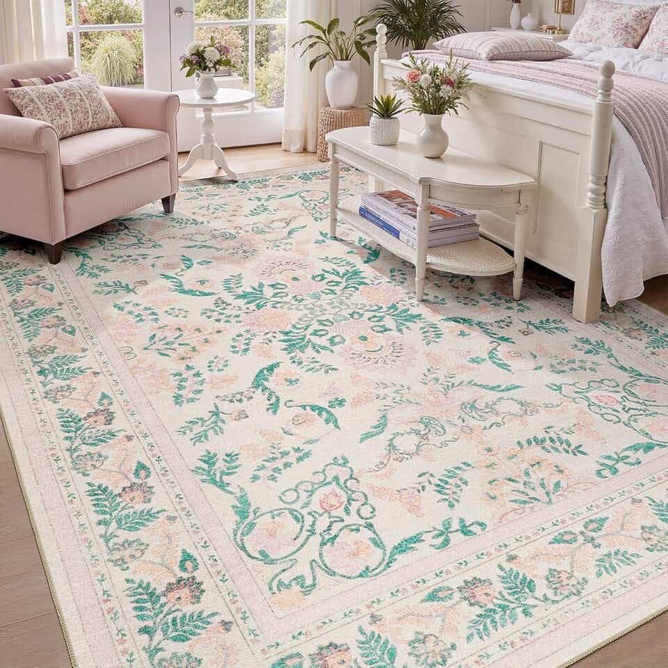 DCX 8x10 Pink Rug, Floral Rug for Girl’s Bedroom, Cute Soft Low Pile Non Slip Stain Resistant Machine Washable Indoor Décor, Kid & Pet Friendly Nursery Carpet for Living Room, Dorm, Playroom