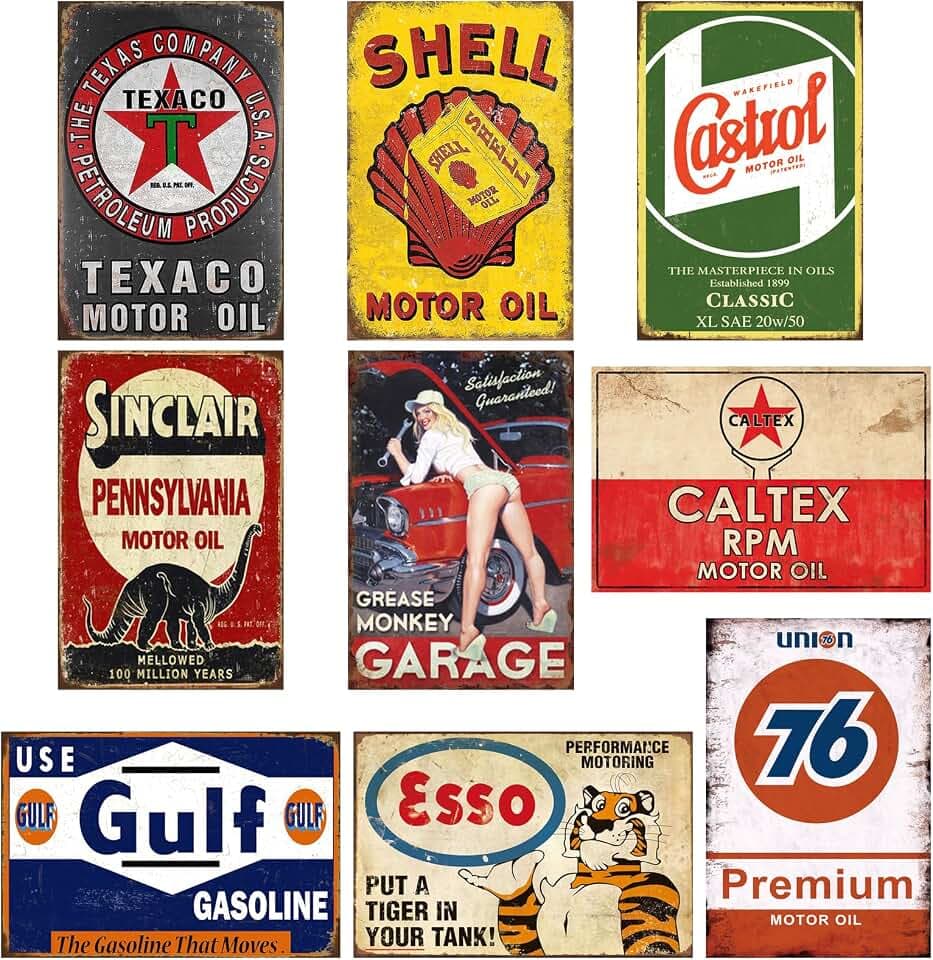 9 PCS Vintage Metal Tin Garage Signs, Retro Oil & Gas Station Wall Decor for Man Cave - 8x12 Inch Old Car Shop Posters