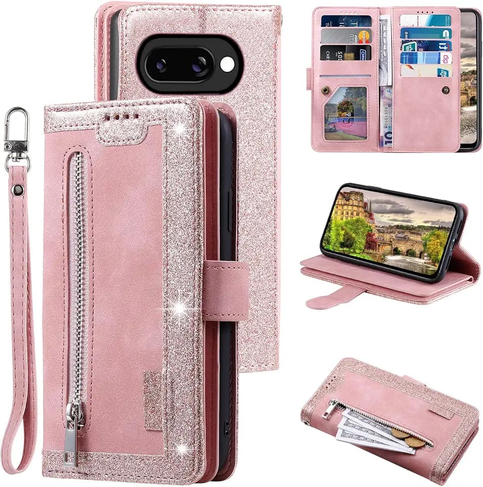 EYZUTAK Handyhülle für Google Pixel 9a Hülle, Flip Case Lederhülle Reißverschluss Magnetverschluss Brieftasche mit 9 Kartenfächern Standfuntion Retro Matt Ledertasche - Roségold