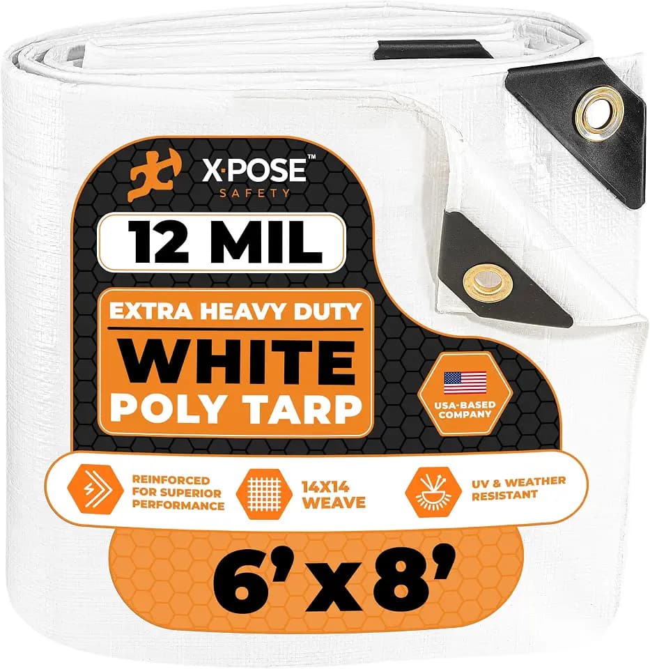 Heavy Duty White Poly Tarp 6' X 8' - Multipurpose Protective Cover - Durable, Waterproof, Weather Proof, Rip and Tear Resistant - Extra Thick 12 Mil Polyethylene - by Xpose Safety