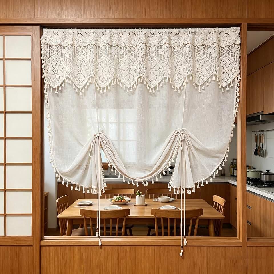 Boho Crochet Lace Tie Up Sheer Curtain Valance for Kitchen Windows