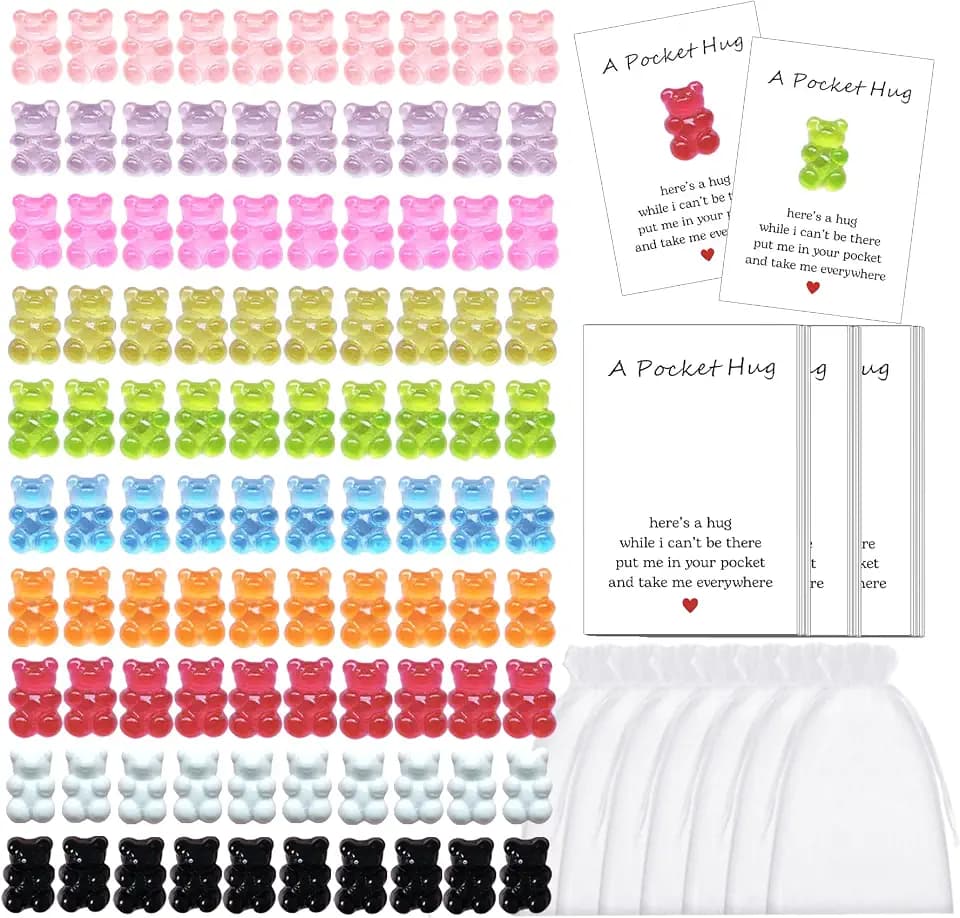 YOJO 100 Sets Pocket Hug Token Bulk, Gummy Bears with Greeting Cards and Organza Bags, Emotional Support, Thinking of You Gift for Employee Coworker Friend Family