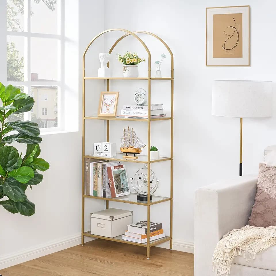 Homhedy 5-Tier Tall Gold Bookshelf, Arched Bookcase with Glass Shelves