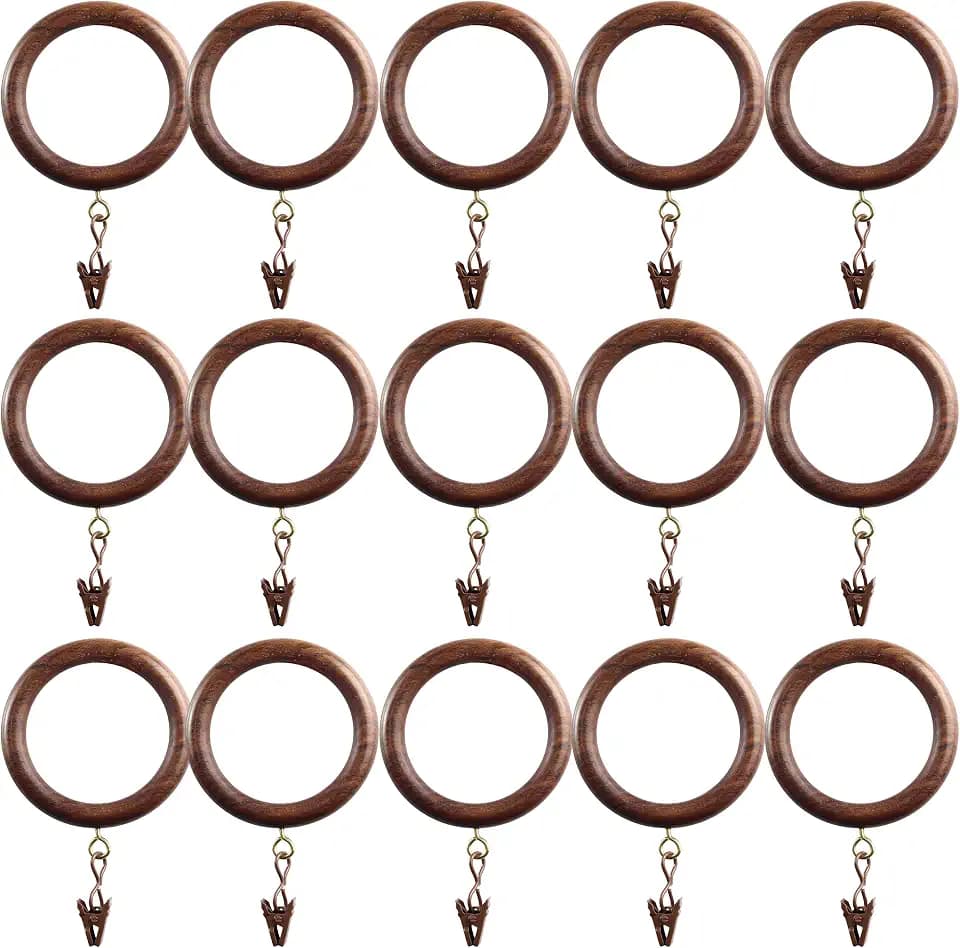 24 Pieces Large Wooden Drapery Curtain Rod Rings with Clips for 1.75 inch to 2 inch Rod Pole, 2.2 inch Inner Diameter, Natural Rosewood (24, 2.2 INCH Inner Dia)