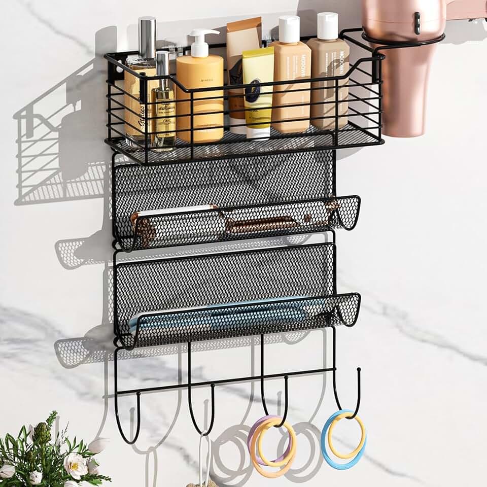 3 Tier Hair Tool Organizer Wall Mount, curling iron holder Basket, Black