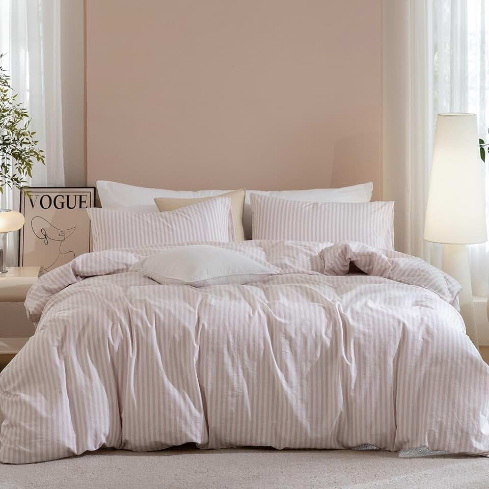 JIYUAN Queen Washed Cotton Duvet Cover Set, 3-Piece, Linen-Like Stripe