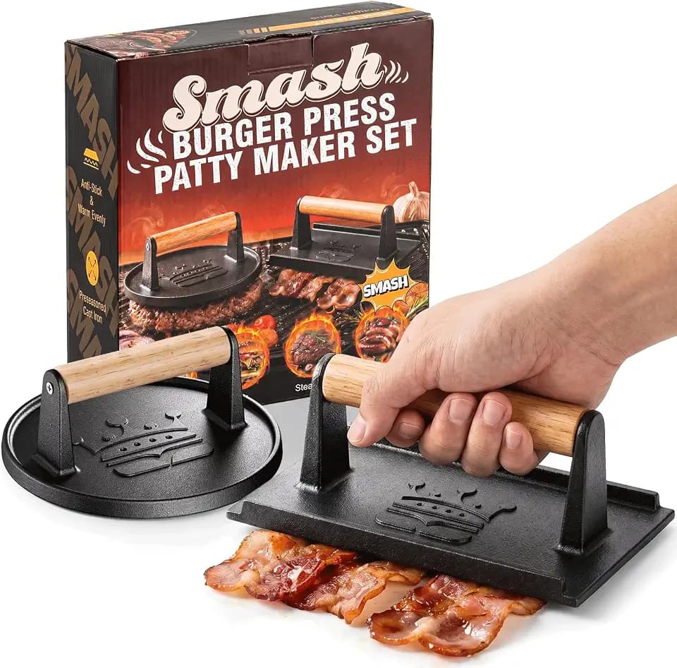 Smash Burger Press, 6.5” Round & 8.3”X4.3” Rectangle Cast Iron Flat Edge Grill/Bacon/Meat/Hamburger/Chef Press with Wood Handle, Smash Burger Kit for Blackstone Griddle Accessories