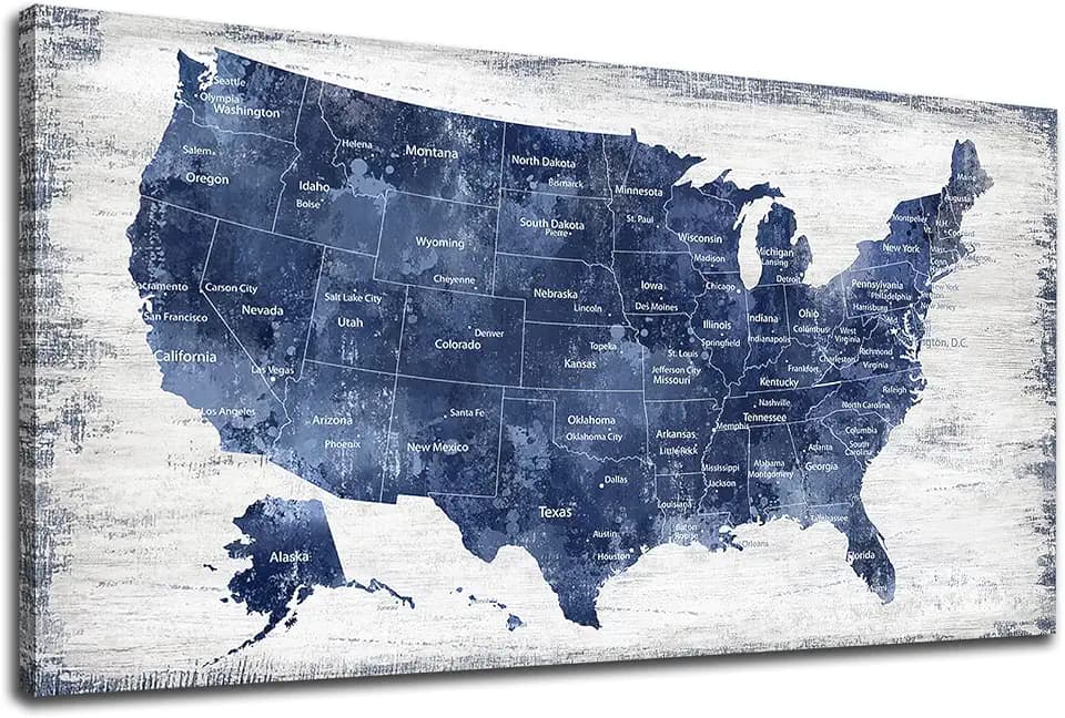 Canvas Wall Art: Vintage America Map, USA Map Canvas Pictures Prints for Bedroom Office Kitchen Living Room Home Decor Framed Artwork Ready to Hang 20"x 40"