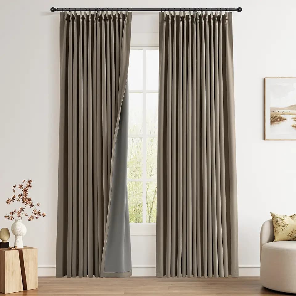 Joywell 100% Blackout Linen Pinch Pleated Curtains 84 Inch Long Light Camel