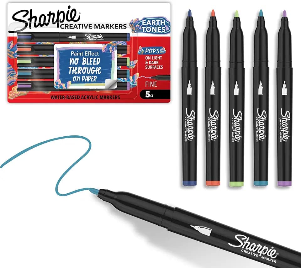 Sharpie Creative Markers, Earth Tones, Water-Based Acrylic Paint Markers, Fine Tip, 5 Count