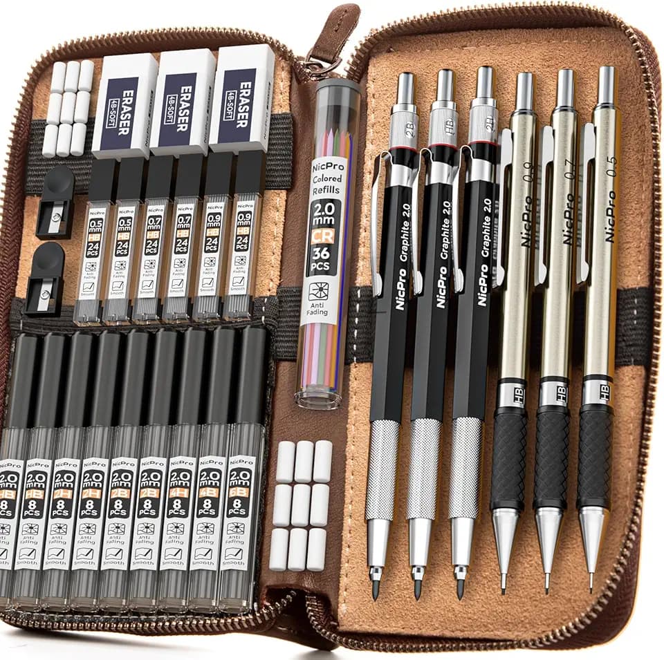Nicpro 30PCS Art Mechanical Pencil Set in Leather Case