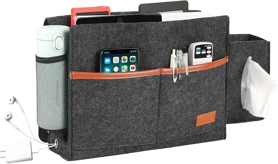 Surblue Bedside Caddy Felt Storage Organizer Hanging Bag with Tissue Box and Water Bottle Pocket for Mattress, Sofa, Bunk Bed, Dark Gray
