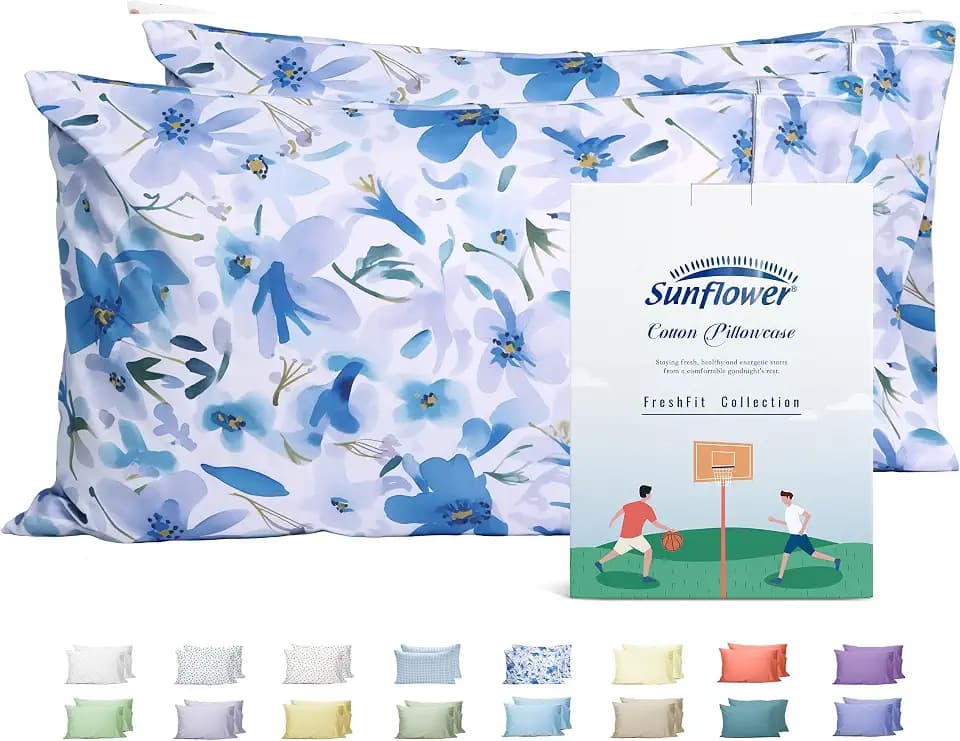 Sunflower Queen Pillowcases Set of 2, 100% Cotton Pillow Cases, Blue Bloom