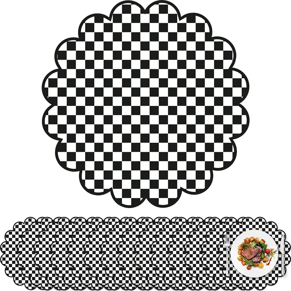 100Pcs Checkered Paper Placemats Black Gingham Place Mats 13.5 Inch Disposable Round Decorative Dining Table Mat with Scalloped Edge Paper Cutouts Decor for Picnic BBQ Table Party Supplies