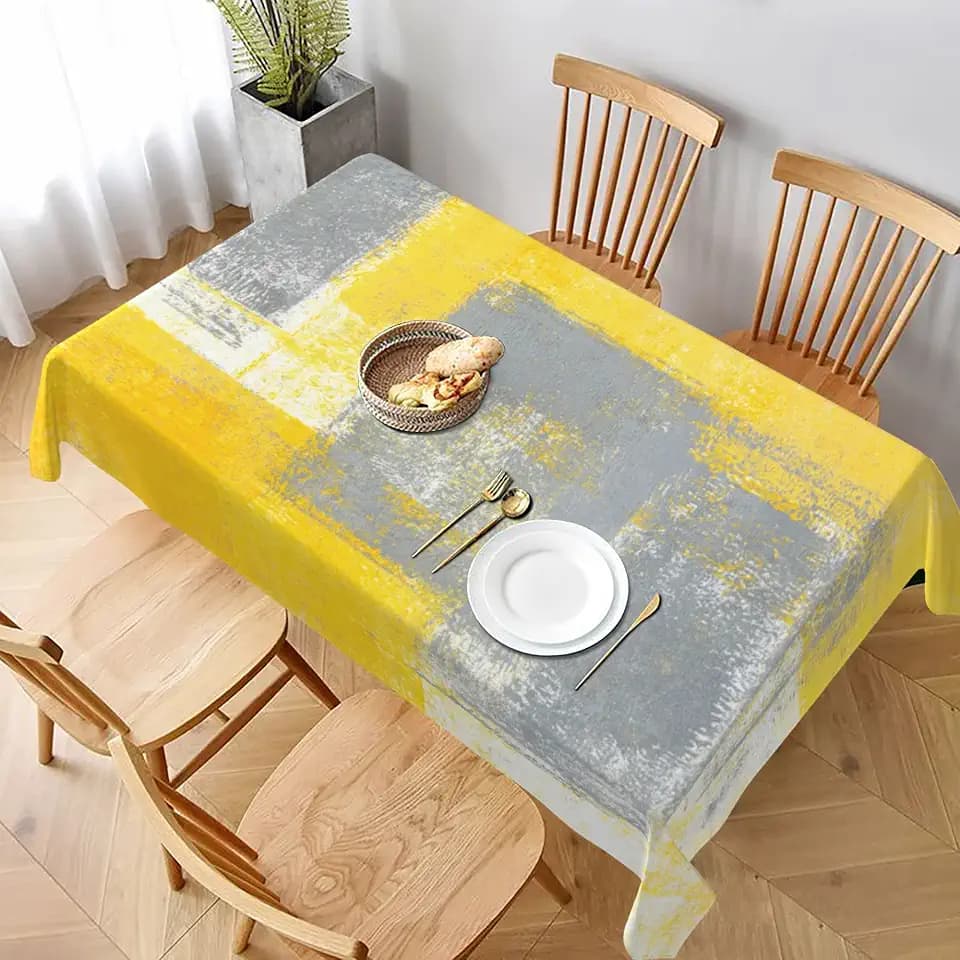 Yellow and Gray Abstract Tablecloth Rectangle Table Cloth Washable Yellow Table Cover for Decoration Kitchen Dining Room 60x90 Inch