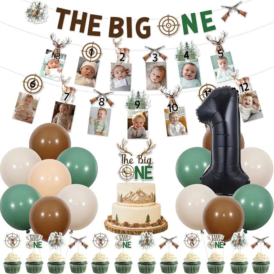 The Big One 1st Birthday Decorations for Boys, Gone Hunting Themed Banner Cake Cupcake Toppers Photo Banner and Balloons, Deer Forest 1 Year Old Birthday Party Supplies