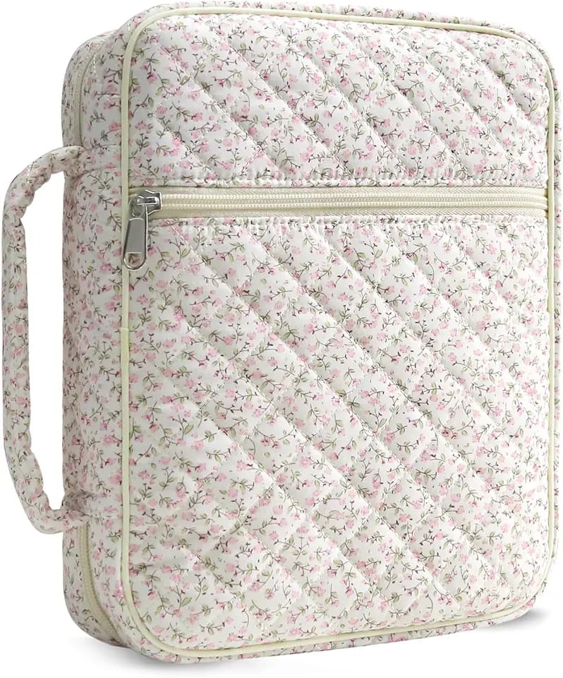 WOBAGMEN Bible Cover Case for Women,Large Bible Tote Bags Organizer Quilted Carrying Case for Girls,Bible Study Supplies Accessories Christian Gifts for Women (Pink Floral, M)